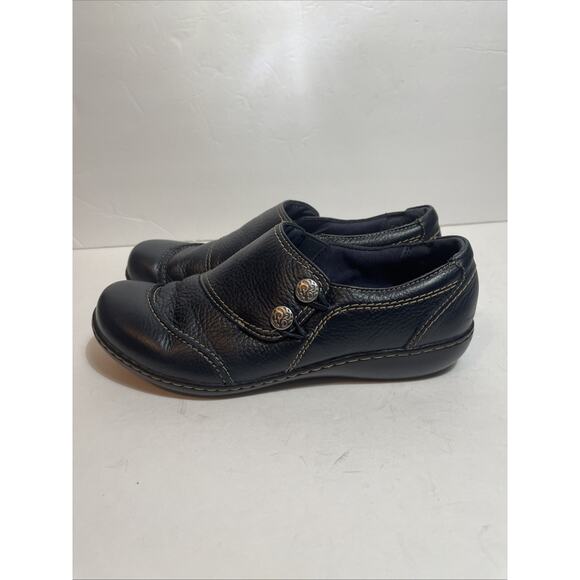 CLARKS Women’s Size 9.5 Slip On Shows Navy Leather - Picture 3 of 6